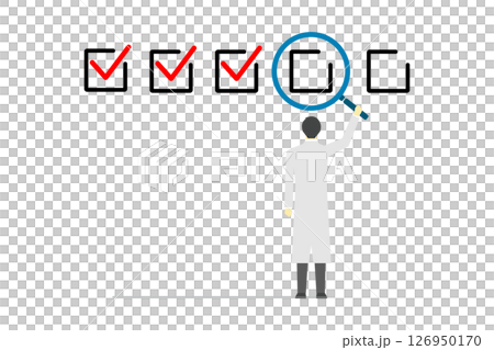 Illustration of a man wearing a white coat checking each check item using a magnifying glass 126950170
