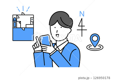 スマホを使って賃貸物件の部屋探しをする男性のイラスト