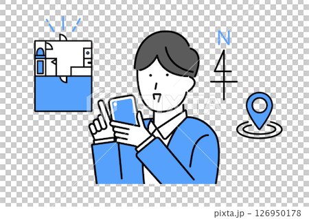 スマホを使って賃貸物件の部屋探しをする男性のイラスト 126950178