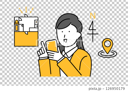 スマホを使って賃貸物件の部屋探しをする女性のイラスト 126950179