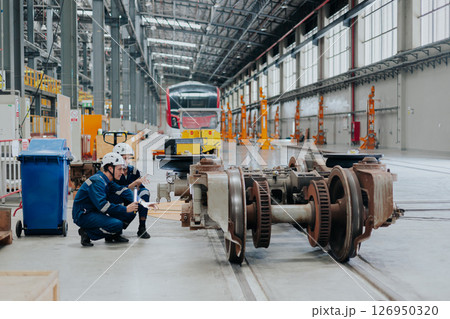 train engineer working check inspecting railway track at Train station, advance engineering 126950320