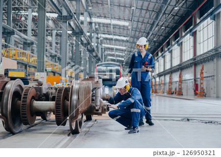 train engineer working check inspecting railway track at Train station, advance engineering 126950321