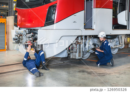 Train engineer working check inspecting railway track at Train station, advance engineering 126950326