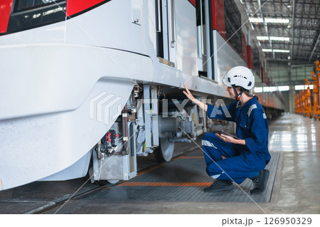 Train engineer working check inspecting railway track at Train station, advance engineering 126950329
