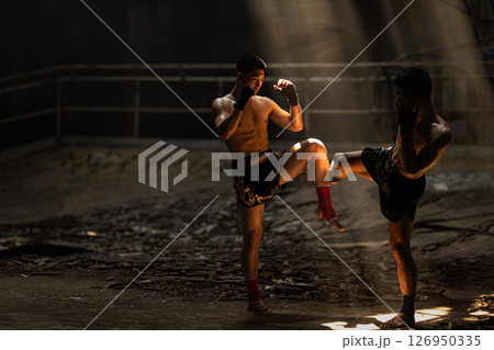 Muay Thai, Bare Knuckle Fighting street kick boxing fighters fighting action, Thai fight boxing 126950335