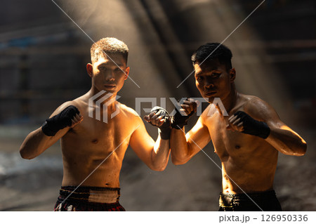 Muay Thai, Bare Knuckle Fighting street kick boxing fighters fighting action, Thai fight boxing Muay Thai, Bare Knuckle Fighting street kick boxing fighters fighting action, Thai fight boxing 126950336