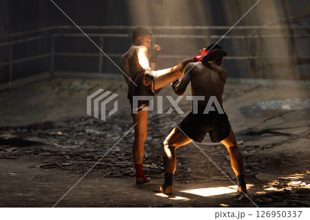 Muay Thai, Bare Knuckle Fighting street kick boxing fighters fighting action, Thai fight boxing 126950337