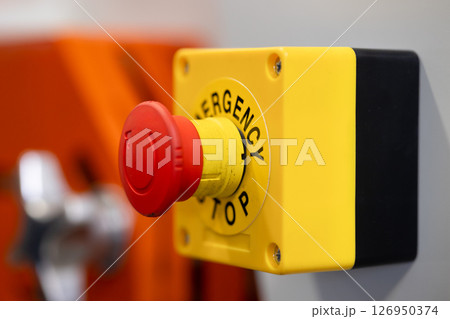 closeup emergency stop button of danger machine, stop and solving problem immediately concept closeup emergency stop button of danger machine, stop and solving problem immediately concept 126950374