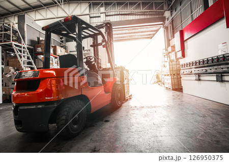 forklift truck in warehouse storage area wide angle view for industry cargo shipping logistics industry background 126950375