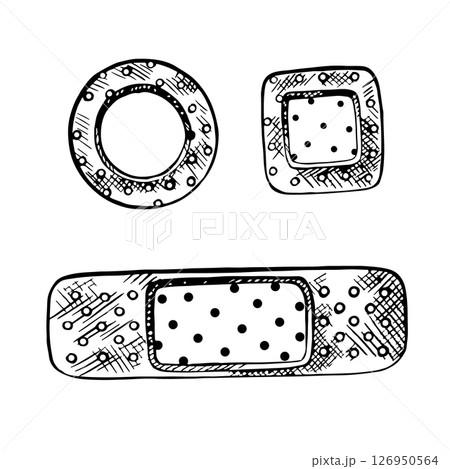 A set of medical patches. Vector black and white hand-drawn graphics. For packaging, posters, instructions, symbols and signs. For first aid, first aid kits, banners and flyers. 126950564