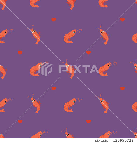 Seamless Pattern with cute Shrimp animal on dark purple background with hearts. Vector Illustration Seamless Pattern with cute Shrimp animal on dark purple background with hearts. Vector Illustration 126950722