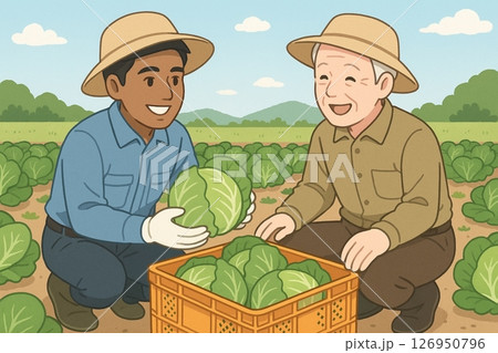 キャベツ畑で収穫を楽しむ農家と外国人男性と協力作業の風景イラスト 126950796