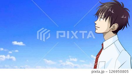 青空を見上げるワイシャツネクタイの男子学生または社会人の横顔左向きアニメ風イラスト、左に余白 青空を見上げるワイシャツネクタイの男子学生または社会人の横顔左向きアニメ風イラスト、左に余白 126950805