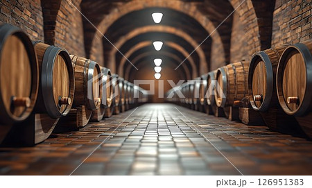 Atmospheric wine cellar with arched brick ceilings and wooden barrels 126951383