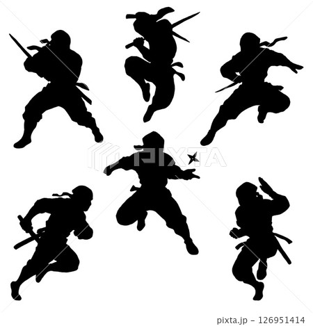忍者のポーズ集 シルエット素材（戦闘・ジャンプ・刀・手裏剣） 126951414
