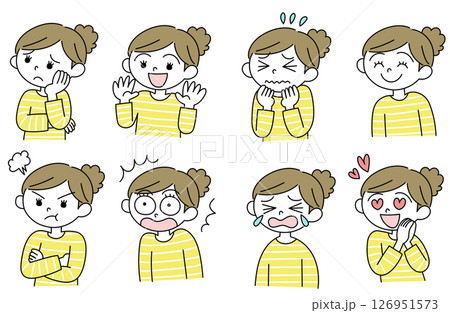 色々な表情の女性のシンプルな手描きのイラストセット 126951573