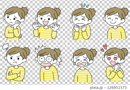 色々な表情の女性のシンプルな手描きのイラストセット 126951573