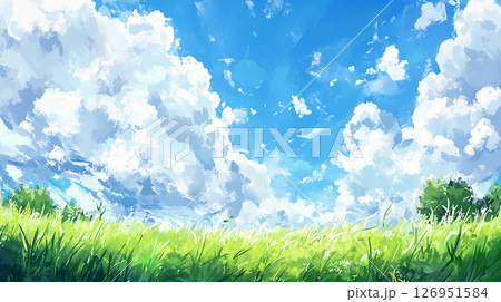 青空のアニメタッチ風景イラスト　generative ai 126951584