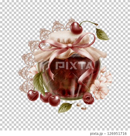 Cherry jam in glass jar covered fabric lid with ribbon bow and rustic crochet border trim.Watercolor illustration isolated on white.Marmelade jar,cherries,flowers leaves with pits in vintage style 126951716