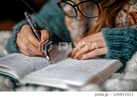 Cozy writing nook: Woman immersed in book with pen, sweater and glasses 126951911