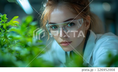 Focused Female Scientist Examining Plant Growth in Controlled Environment 126952008