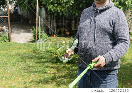 Soap bubble, outdoors activity and leisure for happy kid, real life photo 126952136