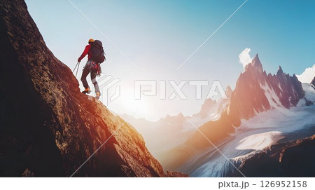 Determined climber ascends rocky peak towards majestic mountain range 126952158