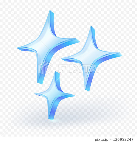Glass blue sparkle stars icon on transparent background. shiny, glowing star effects 3D. Perfect for decoration, UI elements, magic effects. Vector illustration file. 126952247