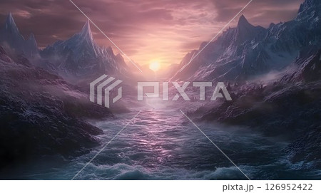 Majestic mountain landscape at sunset with flowing river and dreamy atmosphere Majestic mountain landscape at sunset with flowing river and dreamy atmosphere 126952422