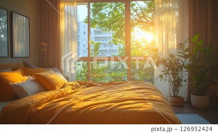 Sunlit bedroom sanctuary with warm tones and verdant indoor plants, a tranquil retreat Sunlit bedroom sanctuary with warm tones and verdant indoor plants, a tranquil retreat 126952424