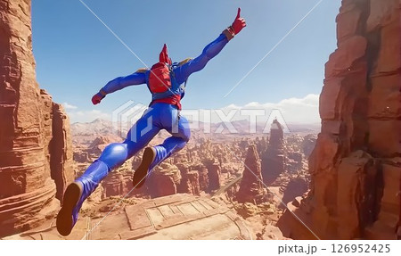 Soaring Superhero Silhouette against Majestic Desert Landscape Scenery Soaring Superhero Silhouette against Majestic Desert Landscape Scenery 126952425