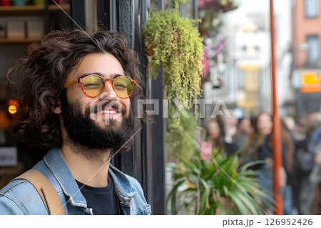 Smiling Man in Casual Urban Setting with Plants and Blurred Background Smiling Man in Casual Urban Setting with Plants and Blurred Background 126952426