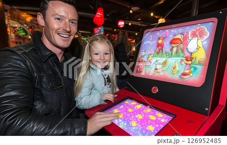 Father and daughter enjoying interactive digital game at amusement center 126952485