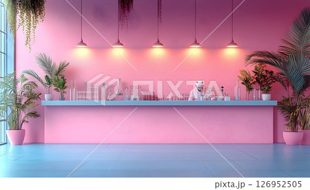 Pink laboratory setting with scientist, plants and experiment setup 126952505