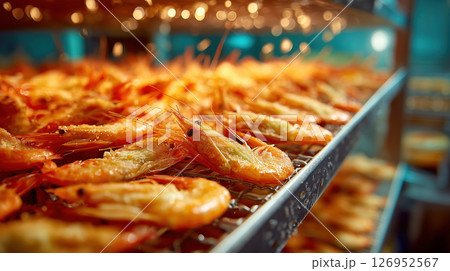 Fresh shrimp on metal racks in individual quick freezing facility, seafood processing vibrant orange color industrial background 126952567