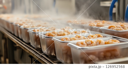 Shrimp seafood frozen plastic container factory production steam processing freshness industrial 126952568