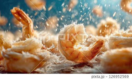 Frozen shrimp IQF dry shrimp seafood crustacean closeup fresh gourmet protein culinary delicious on tray 126952569