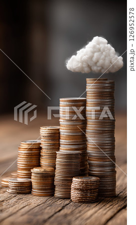 Stacked coins cloud financial growth money savings investment wooden table business concept optimistic 126952578