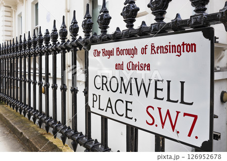 Cromwell Place SW7 Street Sign in Kensington, London with Ornate Iron Fence 126952678