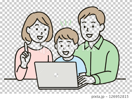 Illustration of a family looking at a computer (parents and an elementary school boy) Illustration of a family looking at a computer (parents and an elementary school boy) 126952815