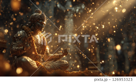 King Mahabali in majestic golden attire blessing people during Onam King Mahabali in majestic golden attire blessing people during Onam 126953323