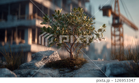 miniature tree vs a skyscraper or construction crane 126953347