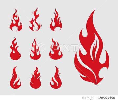 fire design over gray background vector illustration Fire flames, set vector icons Fire and flames outline icon set. Contour bonfire, linear flaming elements. Hand drawn monochrome different fire  126953450