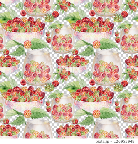 Raspberry with leaves served in glass bowls, scattered ripe picked berry harvest, hand drawn in watercolor. Isolated seamless pattern. Farmers market grocery, home preserves, food crockery packaging 126953949