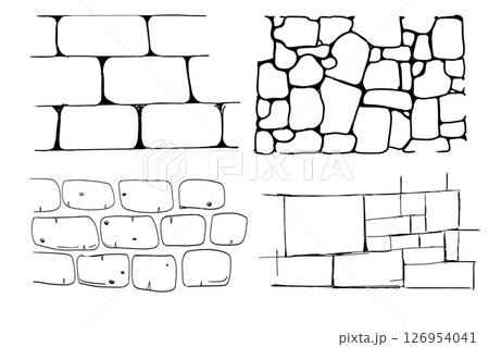 Stone brick line simple doodle wall. Sketch masonry wall. Hand drawn tile path. Outline drawing brick old rubble. 126954041