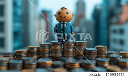 高層ビル群を背に金貨の上に立つビジネスマンのミニチュア模型 126954313