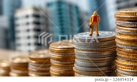 高層ビル群を背に金貨の上に立つビジネスマンのミニチュア模型 高層ビル群を背に金貨の上に立つビジネスマンのミニチュア模型 126954314