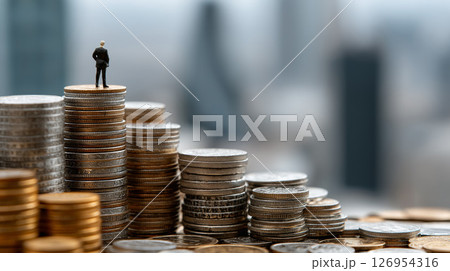 高層ビル群を背に金貨の上に立つビジネスマンのミニチュア模型 126954316