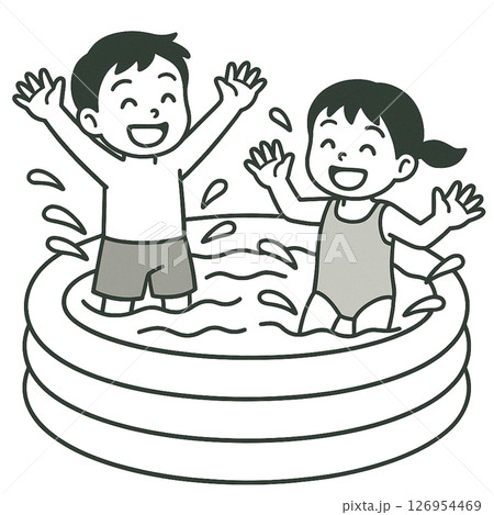 プールではしゃぐ男の子と女の子の線画イラスト、夏、背景なし、素材、アイコン、無邪気 126954469