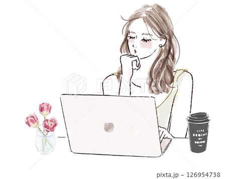女性 PC チューリップ 花 コーヒー カフェ 女性 PC チューリップ 花 コーヒー カフェ 126954738